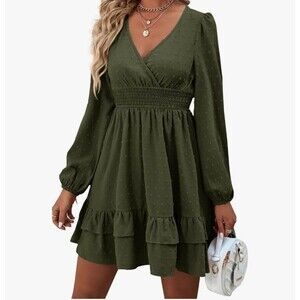 Rooscier Wrap V Neck Swiss Dots Long Sleeve Dress Olive Green Size XL New